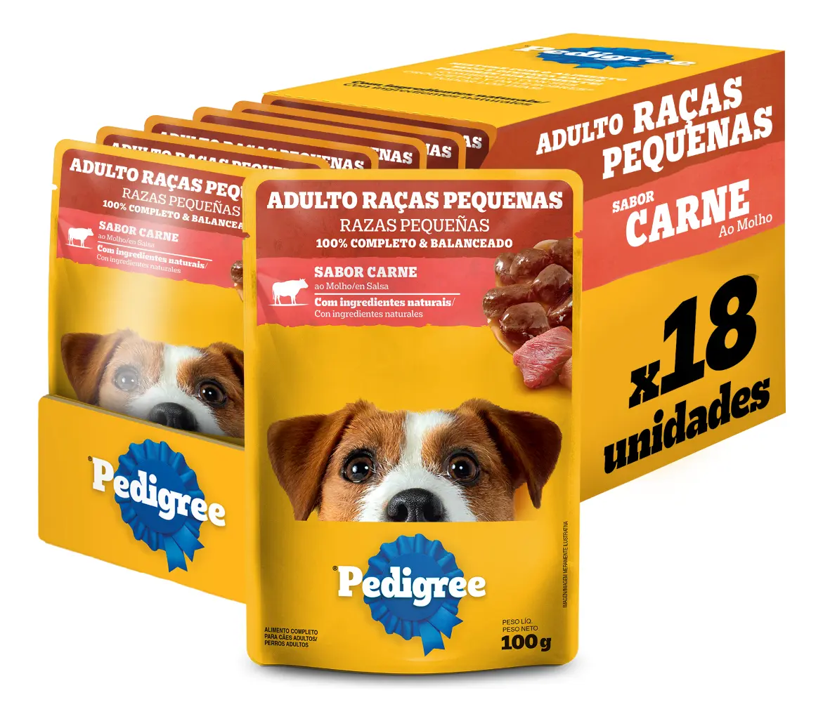 Ração Úmida Pedigree para Cães Adultos Raças Pequenas Sachês Carne 100g - Caixa com 18 unidades — 1
