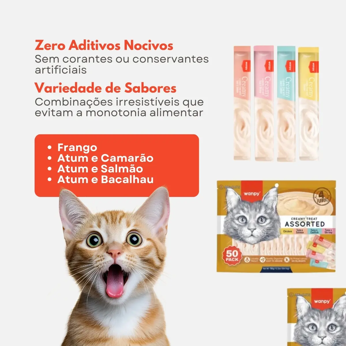 Petisco cremoso Wanpy para gatos - kit com 50 unidades de sabores sortidos — 2