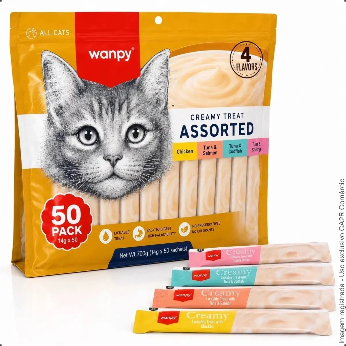 Petisco cremoso Wanpy para gatos - kit com 50 unidades de sabores sortidos — 1