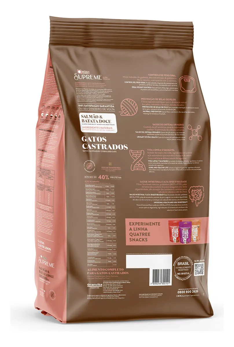 Ração Quatree Supreme Gatos Adultos Castrados Salmão e Batata Doce Super Premium (cópia) — 6