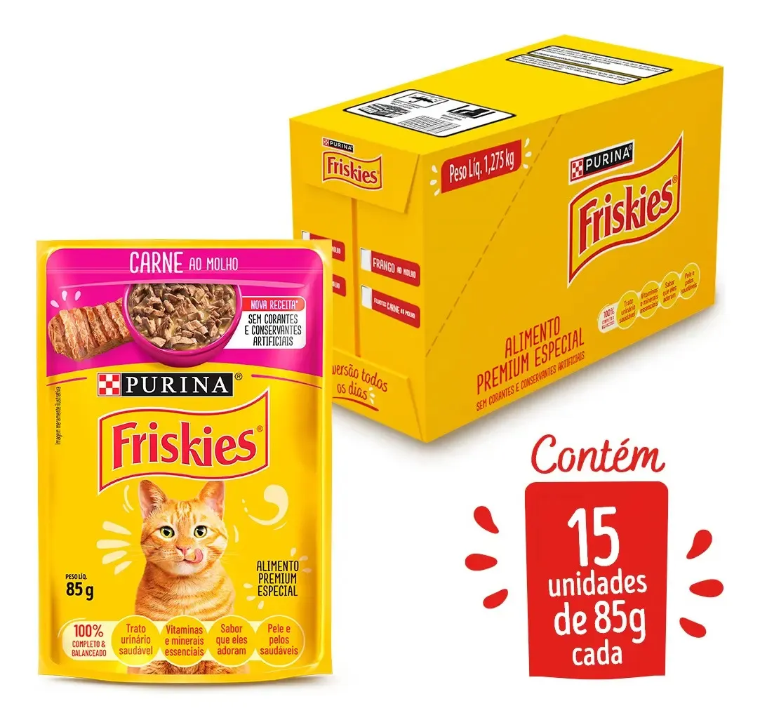 Ração Úmida Sachê Friskies Gato Adulto Carne ao Molho 85g kit c/ 15un (cópia) — 1